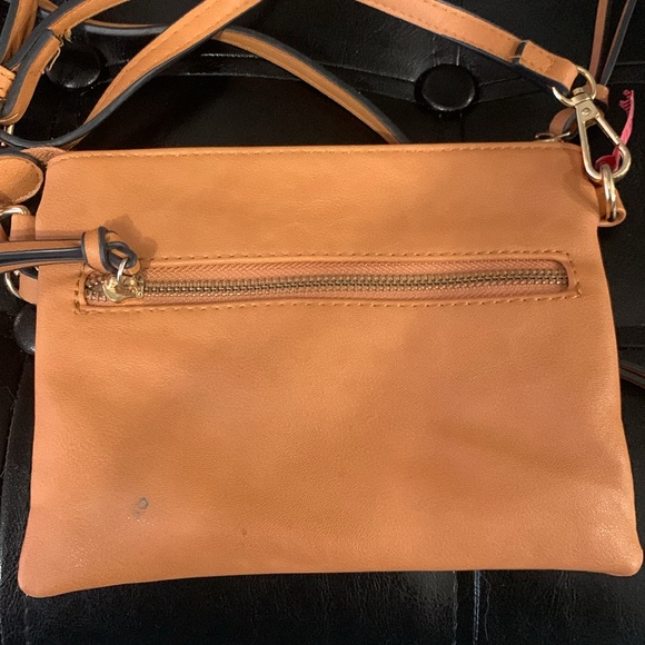 Tan Faux Leather Small Purse or Mulit Zippered Clutch With Shoulder Strap - Picture 3 of 8
